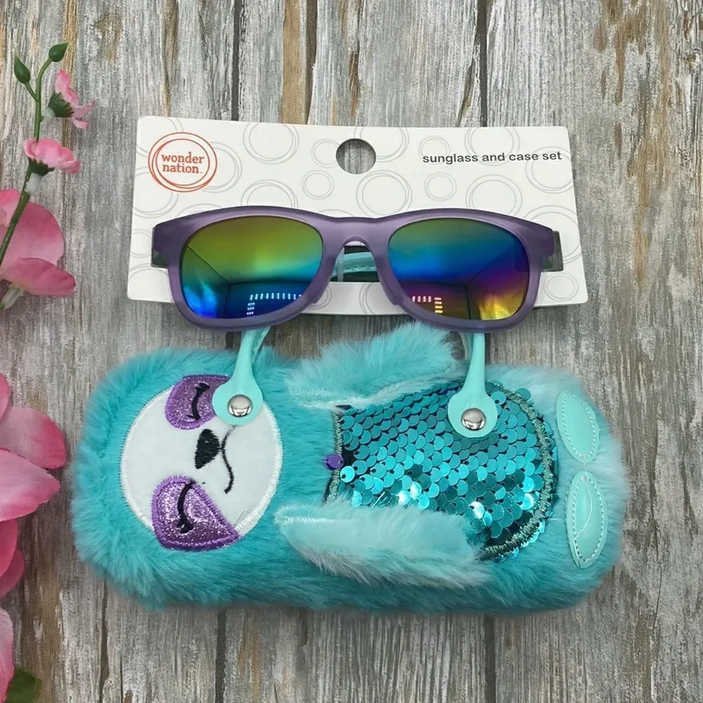 Girls Fun Summer Sunglasses With Unicorn & Sloth Faux Fur Carrying Cases 2-Pack